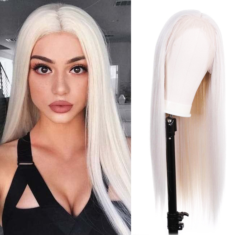 Cross-border European and American fashion wig women's front lace white long straight hair chemical fiber wig headgear wig wholesale 26inch