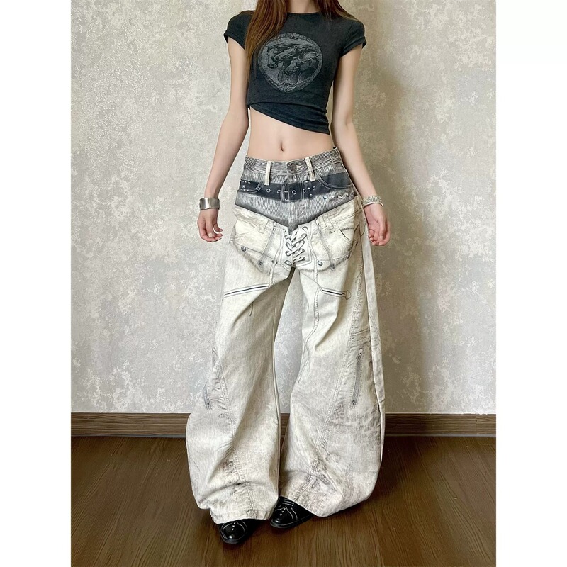 MARMR00 American street subculture digital print waistband tie-up jeans for women, summer loose wide-leg long pants MARMR00 American street subculture digital print waistband tie-up jeans for women, summer loose wide-leg long pants