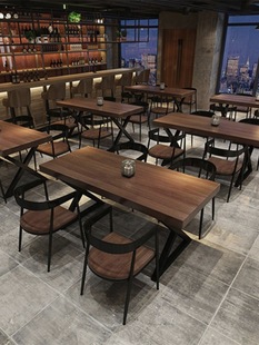 Retro Industrial Style Restaurant Bar Barbecue Shop Solid Wood Dining Table and Chair Combination Commercial Rectangular Milk Tea Shop Table and Chair X&