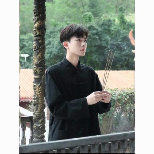New Chinese-style men's wear China style upright collar and button shirt men's autumn thin style improved Hanfu shirt young people's Tang suit