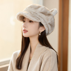 冬天帽子女款保暖加绒时尚百搭鸭舌帽可爱猫耳朵纯色高级感毛绒帽