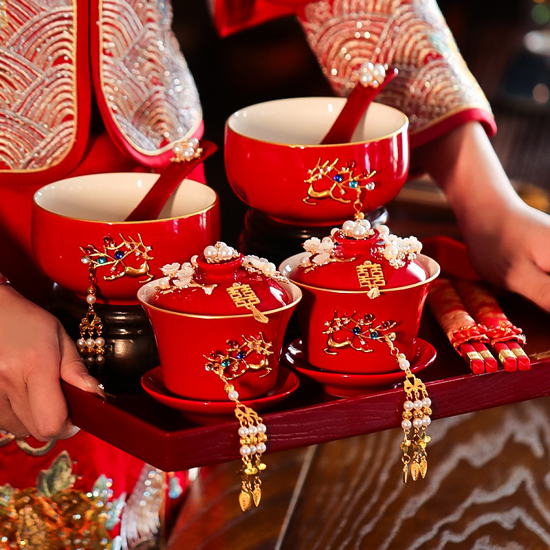 結婚式のお茶カップセット、結婚式のボウルと箸のペア、赤い結婚式の新婚夫婦のティーセット、乾杯、結婚式の贈り物用品|undefined