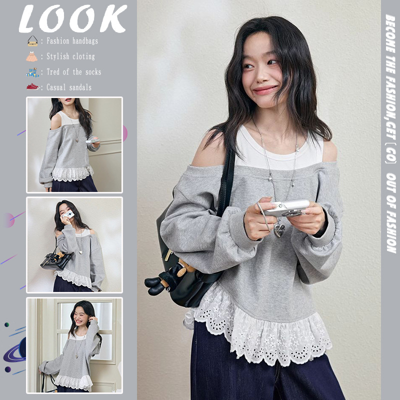 Lace Lace Fake Two-Piece Round Neck Gray Sweatshirt for Women 2025 Autum New Style Lazy Long-Sleeved Off-Shoulder Casual Top Lace Lace Fake Two-Piece Round Neck Gray Sweatshirt for Women 2025 Autum New Style Lazy Long-Sleeved Off-Shoulder Casual Top