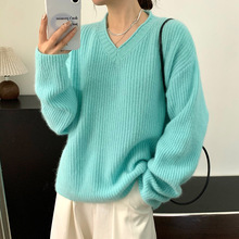 法丽定制浣熊绒毛衣女装V领套头羊毛针织衫25新款慵懒风秋冬上衣