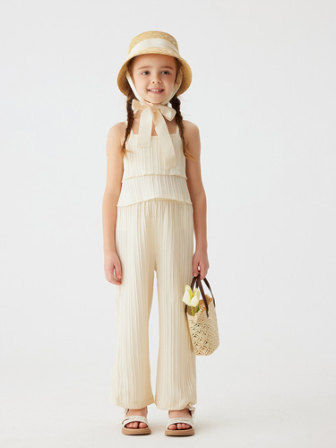 2025 girls 'summer solid color sling set with ruffled ins style straight pants casual wavy fabric for children