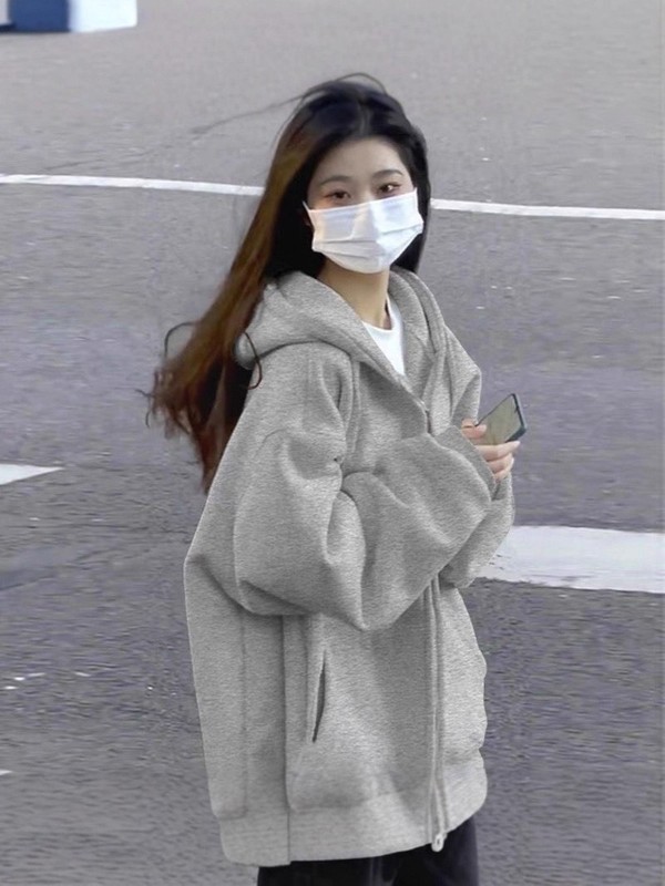 早秋新款黑色连帽卫衣女宽松慵懒风加绒开衫拉链上衣韩版冬季外套|undefined
