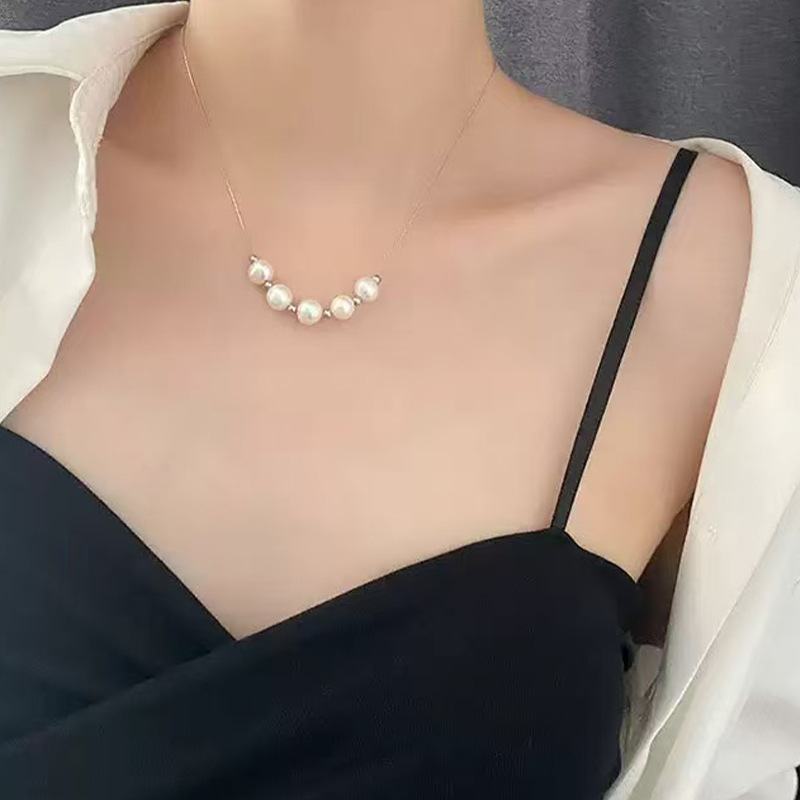 ins风锁骨链珍珠项链女5连珠抽拉设计轻奢时尚设计感百搭简约气质|undefined