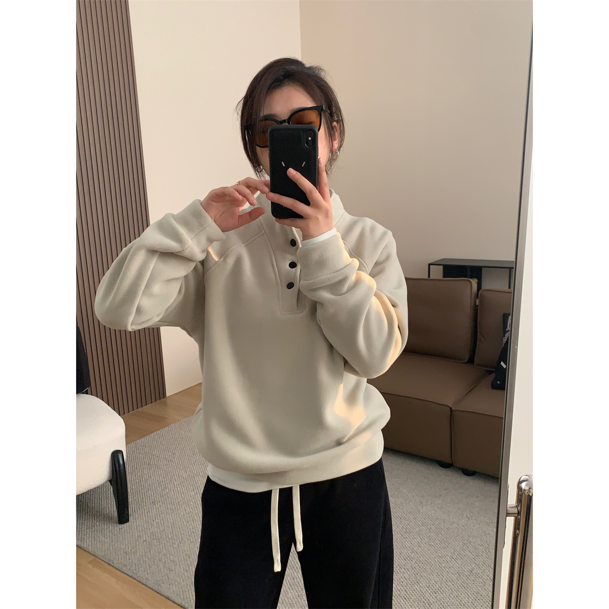 美式复古加绒加厚双面澳粒绒立领套头卫衣女冬2024保暖休闲上衣