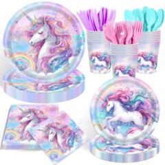 カラフルな紫色のユニコーン子供誕生日パーティー紙皿使い捨て紙コップティッシュ誕生日パーティー装飾皿
