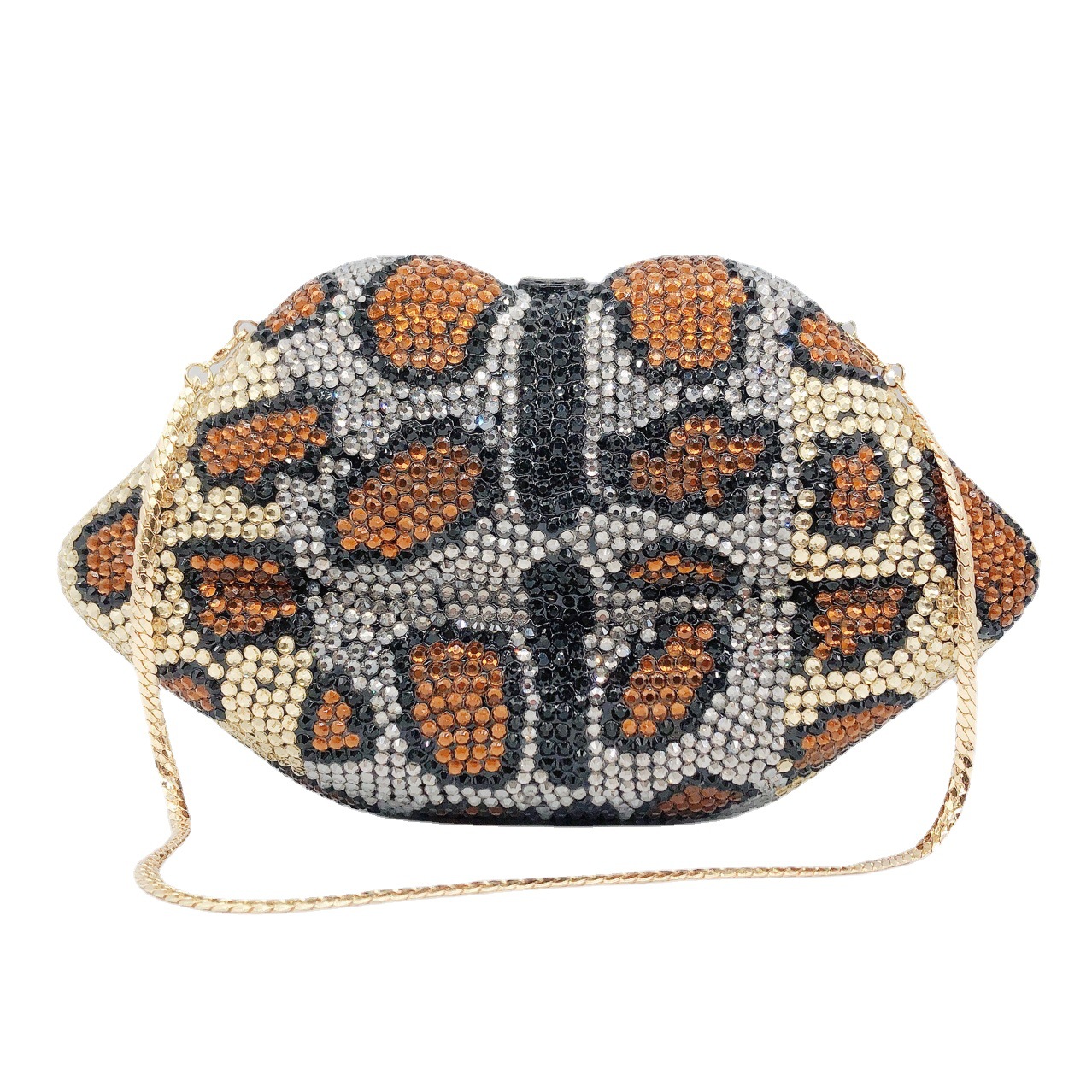 Túi clutch nữ cầm tay đính đá dạ tiệc họa tiết da báo viền môi — Vân báo