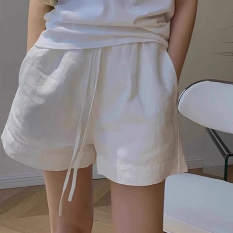 Super Stylish White Cotton-Linen Casual Wide-Leg Shorts for Women, Summer Thin Style with Elastic Waist and Drawstring Design, A-Line Shorts Super Stylish White Cotton-Linen Casual Wide-Leg Shorts for Women, Summer Thin Style with Elastic Waist and Drawstring Design, A-Line Shorts