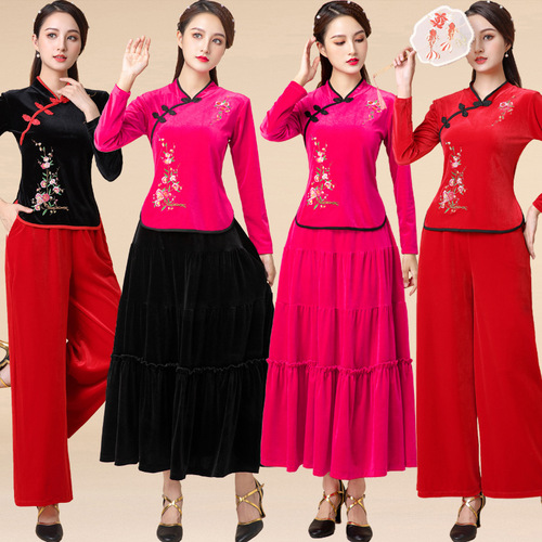 Square dance clothing new set  autumn winter velvet dance performance dress for women fan dance dancing clothes