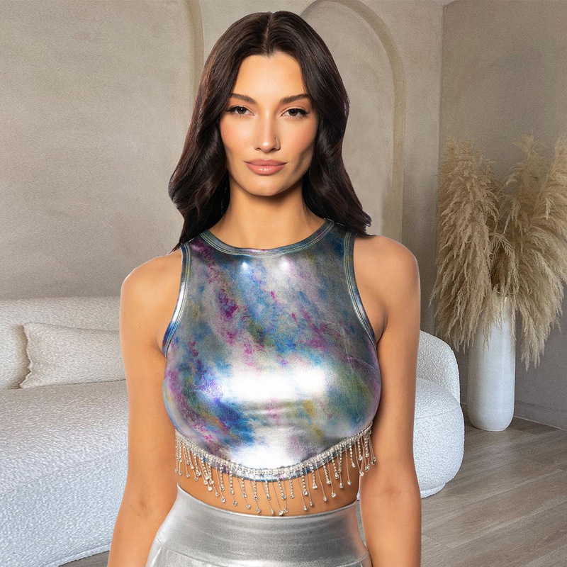 71025TG Amazon popular 2023 Summer new navel gradient PU leather chain European and American vest for women