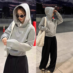 灰色短款连帽内搭卫衣女2025新款小个子带帽衫修身上衣秋季穿搭薄