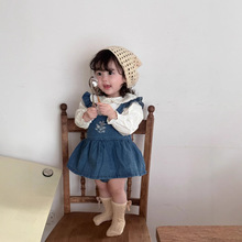 Cutemily女童装跨境ins女婴童连体裤牛仔背带刺绣吊带哈衣裤裙