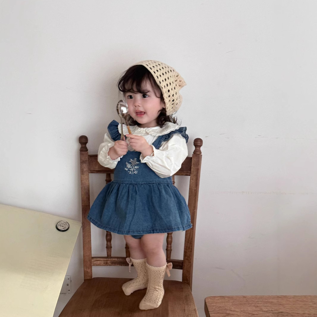 Cutemily Girls' Cross-border Ins Baby Girls' Jumpsuit Denim Strap Embroidered Suspender Strap