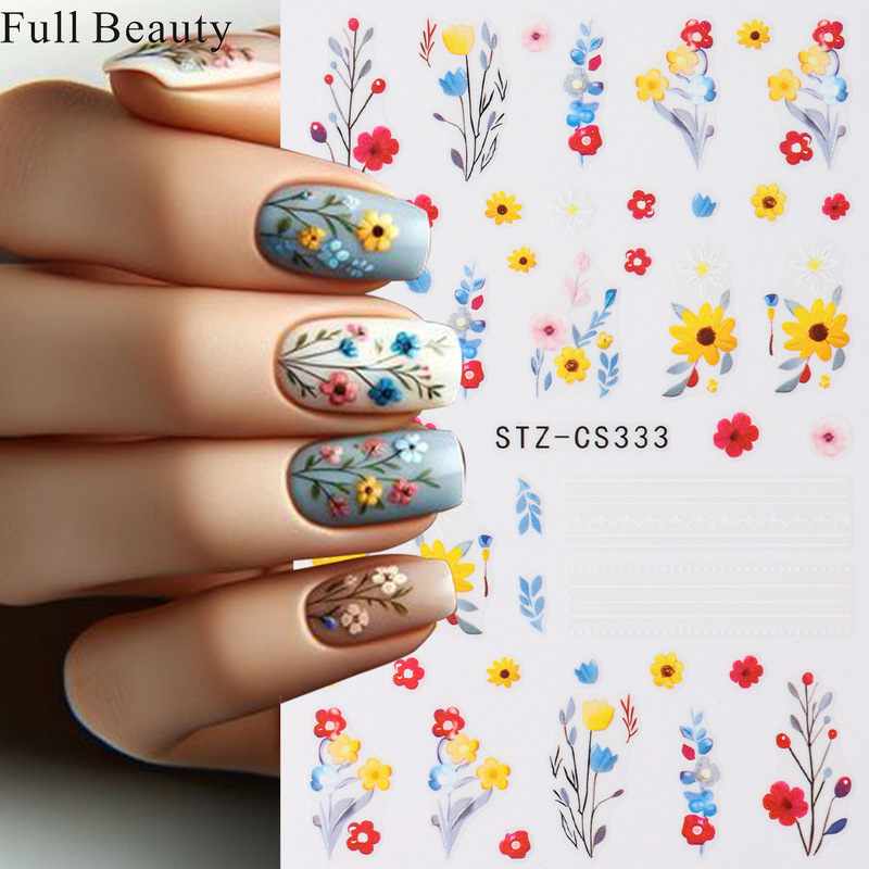 Cross-border New Nail Art Stickers Autumn and Winter Sweater Flower Small Flower Branches Yellow Flower Adhesive Nail Stickers