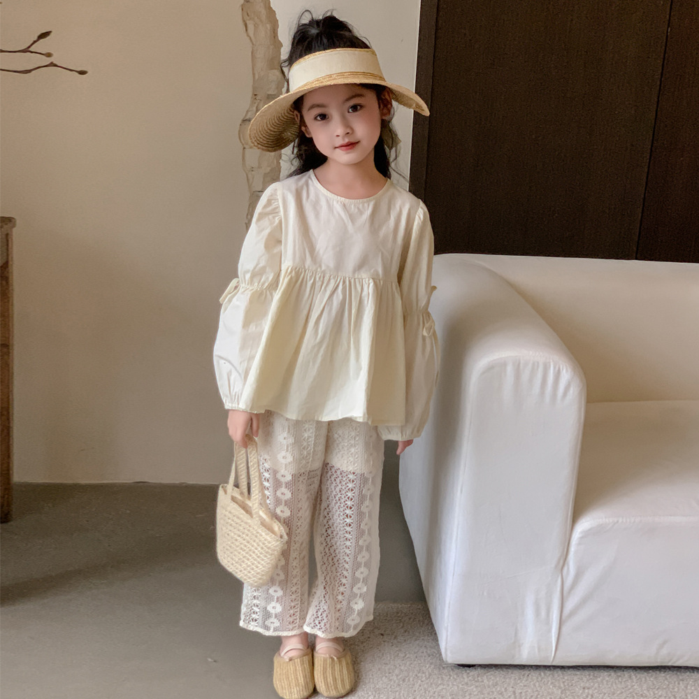 INS ropa para niños 2024 primavera niña lazo cinta camisa de manga larga de la muñeca media y grande niños niñas camisa de estilo coreano top