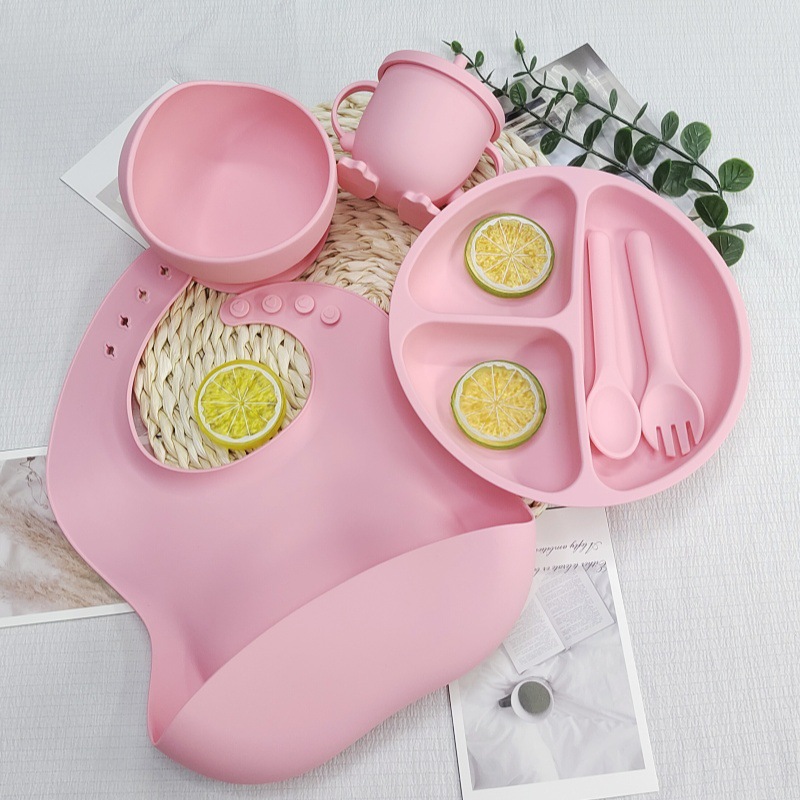 Baby Plate with Silicone Feeding Suction Cup, Integrated Self-Feeding Three-Compartment Children's Tableware Set of 6