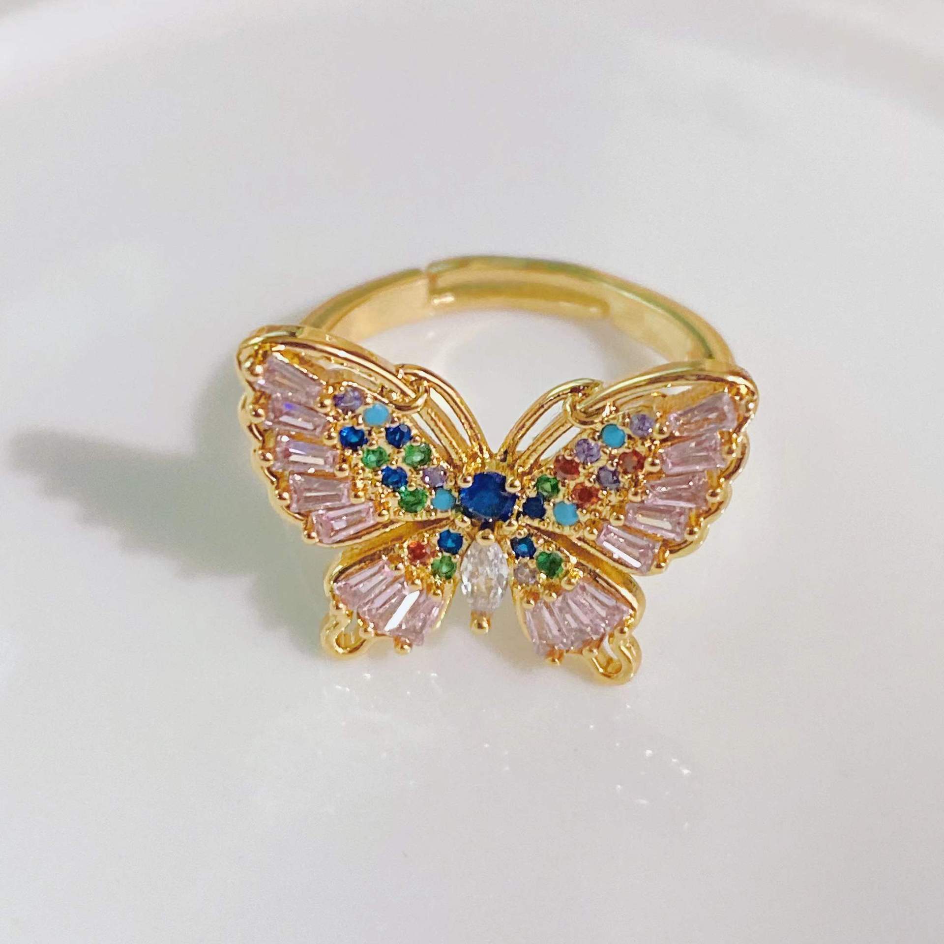 European and American fashion trend ring 18k gold plated zircon butterfly open female ring