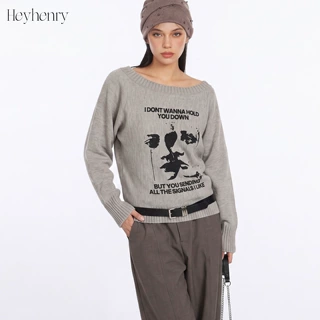 HeyHenry欧美一字领露肩宽松毛衣女印花秋冬季斜肩复古慵懒针织衫