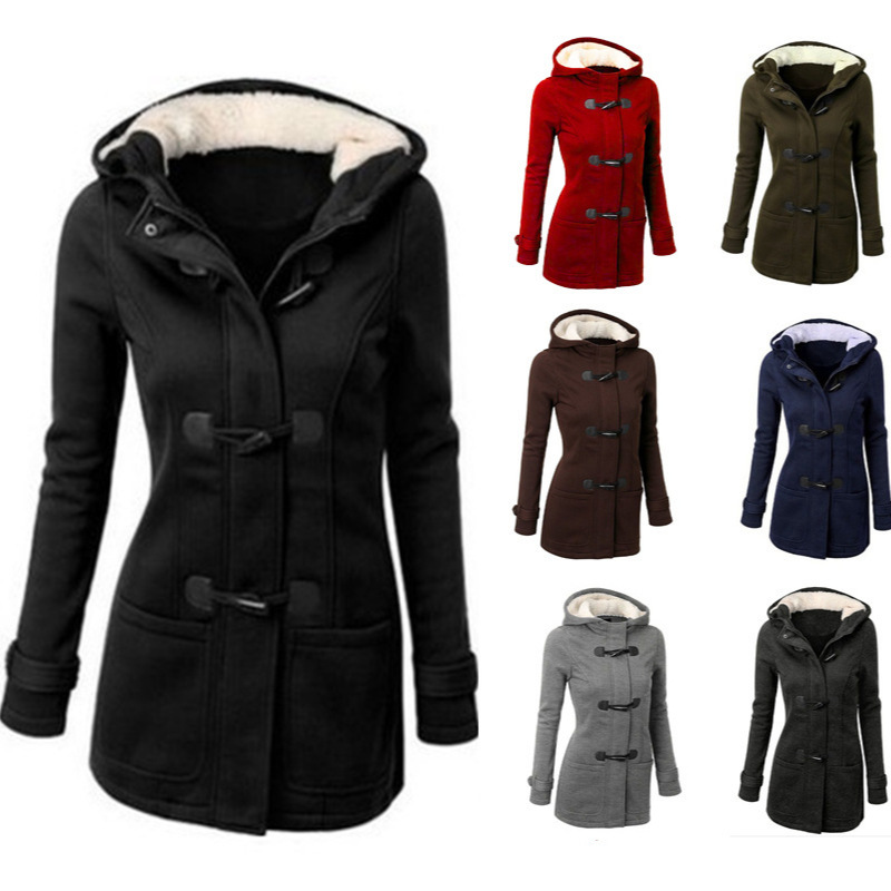 2026 Autumn and Winter New Plus-Size Women's Hooded Sweatshirt with Horn Buttons, Mid-Length Fleece-Lined Jacket, Loose-Fit Women's Sweatshirt