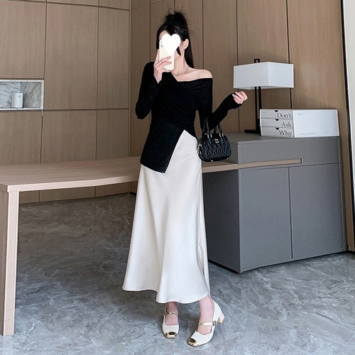 High-waisted silk fish-tail semi-slip dress with elegant coverage, shaping and slimming effect, A-line style, suitable for plus-size women