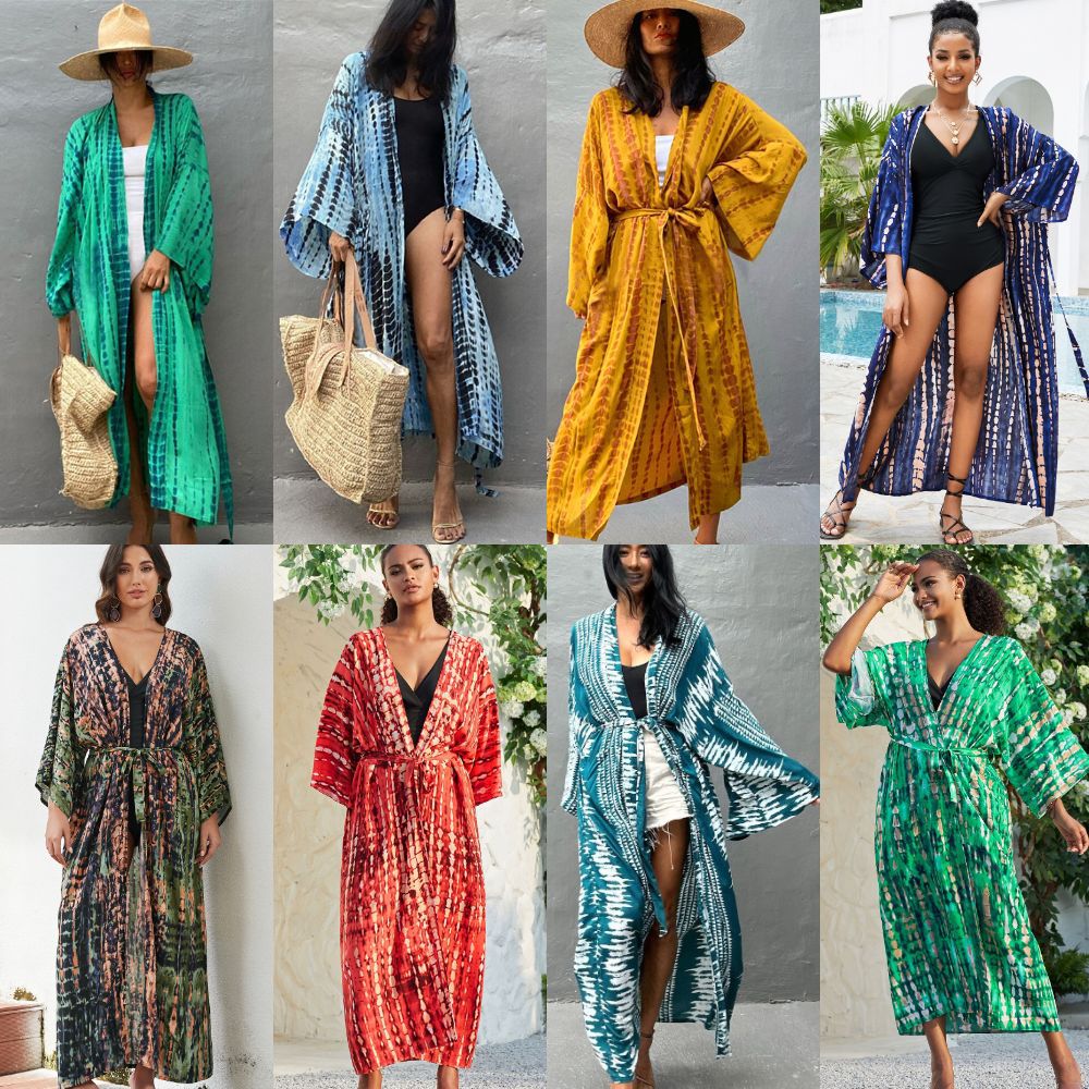 European And American Rayon Water Print Beach Cover up Sexy Loose Cardigan Swimsuit Bikini for Women_ecoleips.com