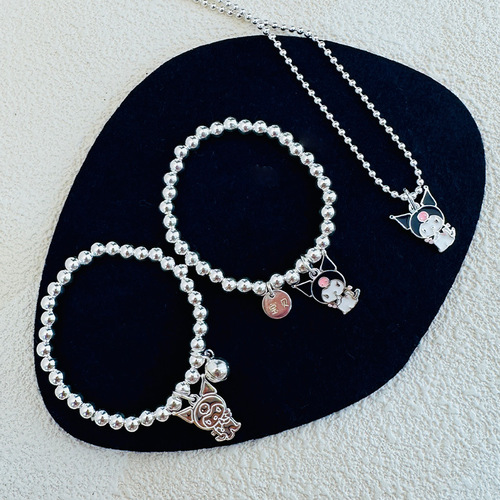 S925 Pure Silver Kuromi Necklace Round Bead Bracelet DIY Engraving Cute Cartoon Children's Accessory Necklace Set