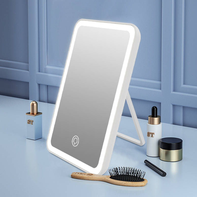 Espejo de maquillaje de celebridades de Internet LED con luz espejo de tocador plano portátil de tres colores con soporte espejo de luz de relleno plegable batería seca