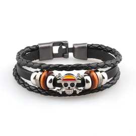 厂家直供动漫周边海贼王手链复古编织多层pu皮草帽团手链饰品批发