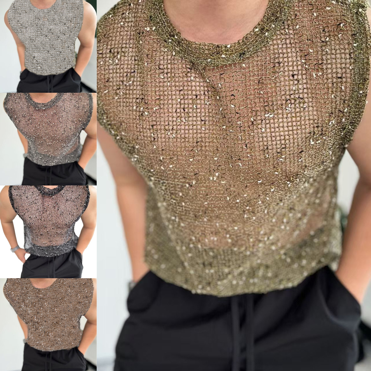 跨境夜店男士性感针织无袖上衣镂空网格背心T恤衫上衣性感派对装