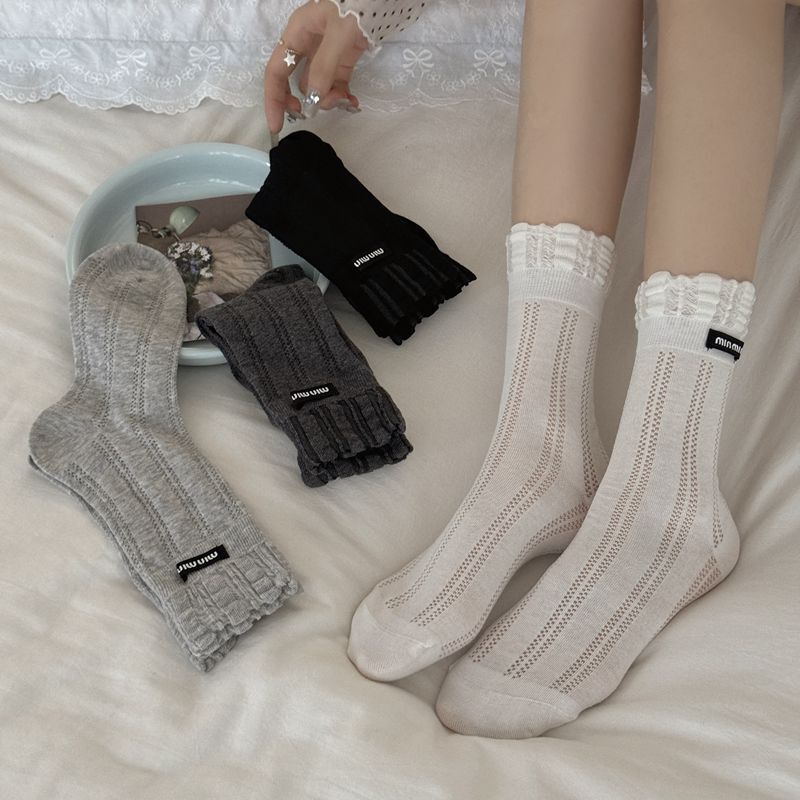 Trendy Women's Mid-Calf Socks with Letter M, New Ins-Style Lazy Retro Slouch Socks, French Hollow-Out Mesh Socks