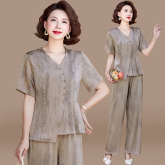 中年のお母さんの夏服の半袖のスーツの気高い上着の広い奥さんの中高年の女性の夏の気質の小さいシャツの2つのセット