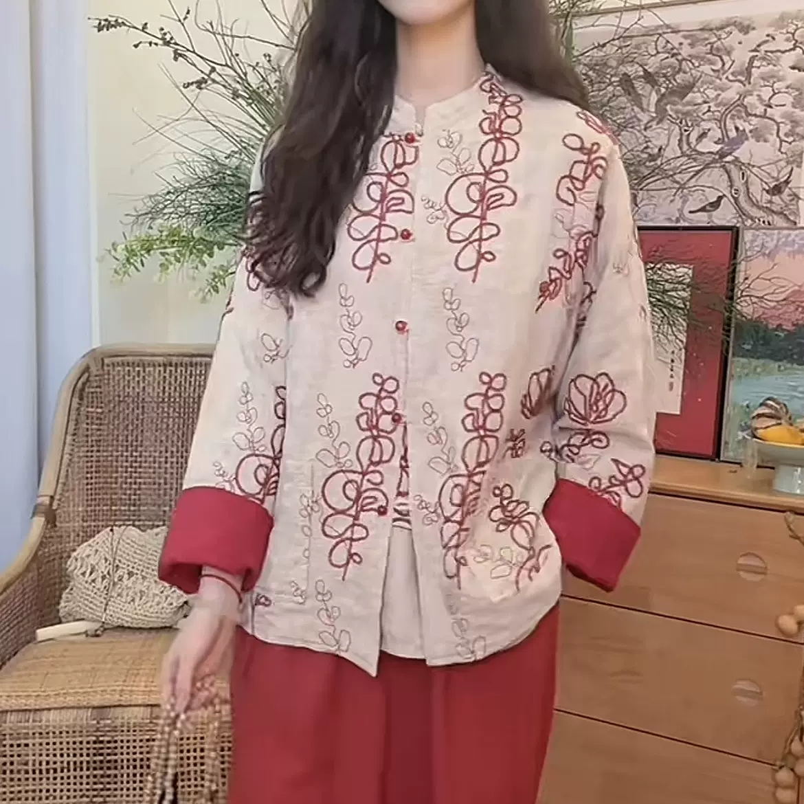 新中式红色印花衬衫外套女2025秋季新款独特超好看唐装盘扣上衣