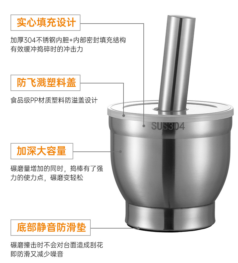 304不锈钢捣蒜器捣碎器 家用手动捣药罐捣碎罐蒜石臼子擂钵研磨器详情8