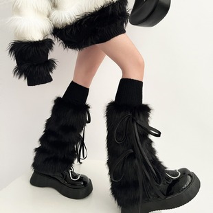 New year autumn and winter lace-up fur leg cover mid-calf y2g hot girl thickened imitation rabbit fur socks White warm women