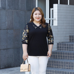 Plus Size Women's Mid-Sleeve Top 2025 Summer New Style Butterfly Collar Floral Splicing Cover Belly Slimming Look Versatile Outer Wear