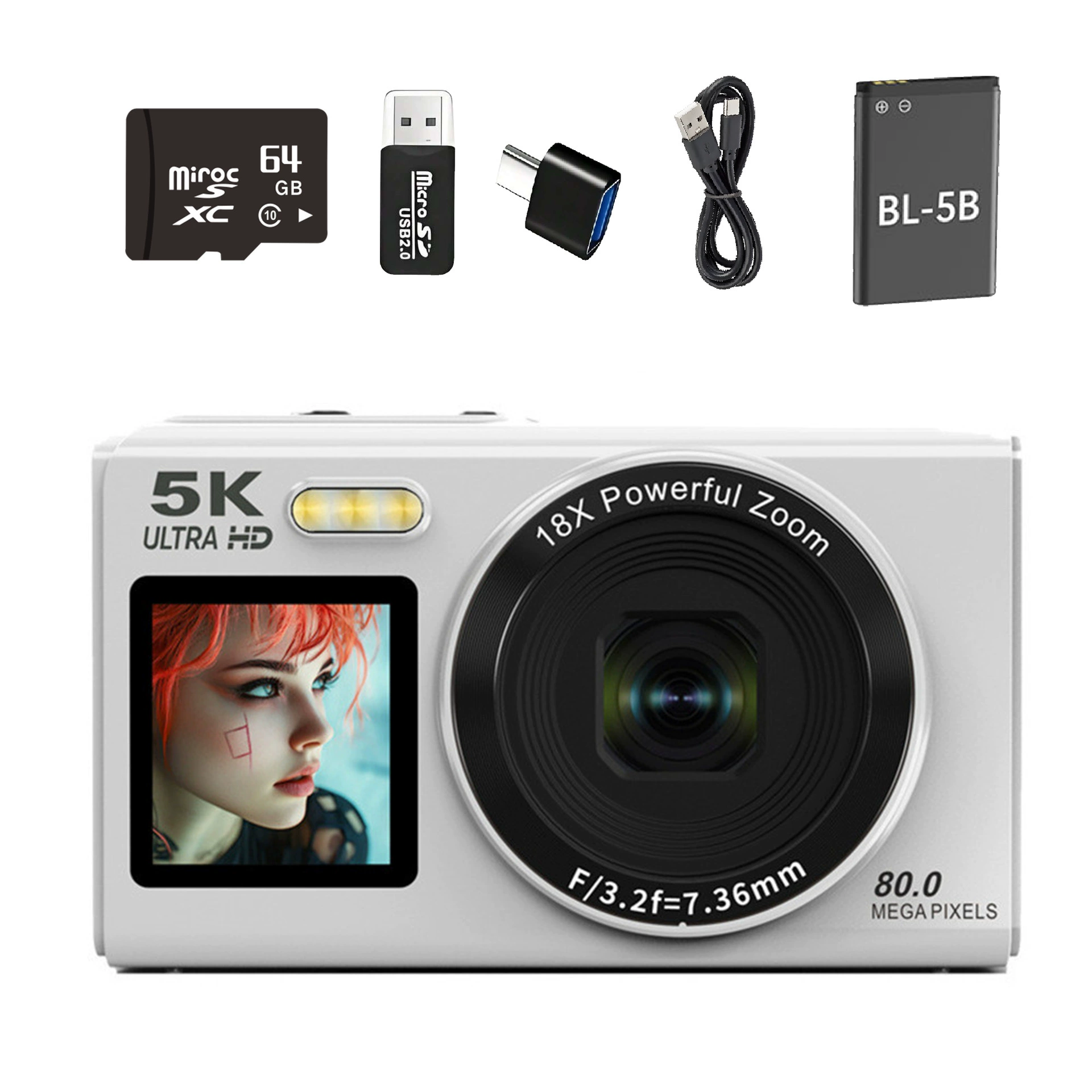 Цифровая камера ручная 5K Ultra HD, 18× зум, 80 Мп, компактная 21×15×10 см