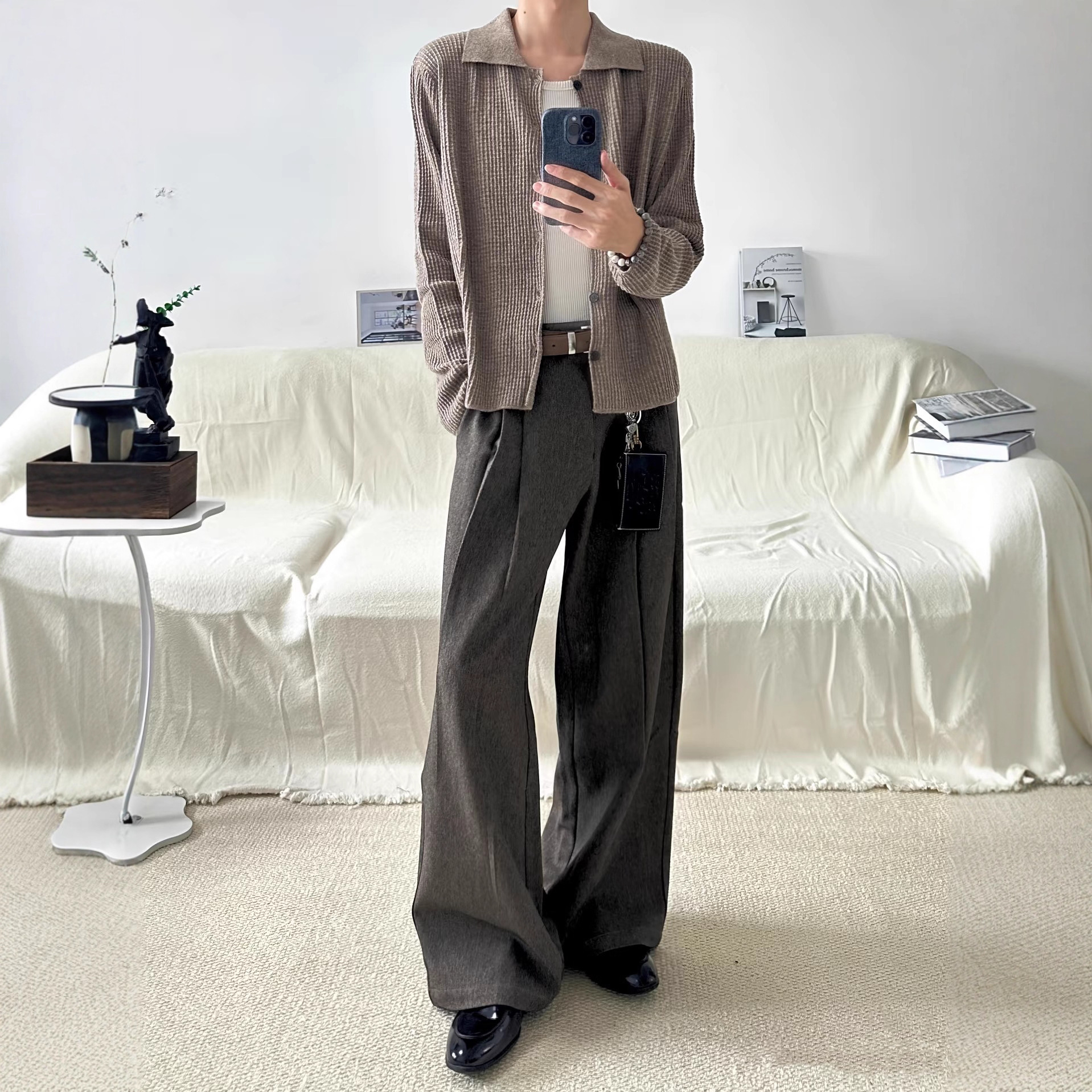 Floral Yarn Tr Straight-Leg A-Line Wide-Leg Double-Pleated Casual Trousers Autumn and Winter Elegant Old Money Style Unisex Long Pants