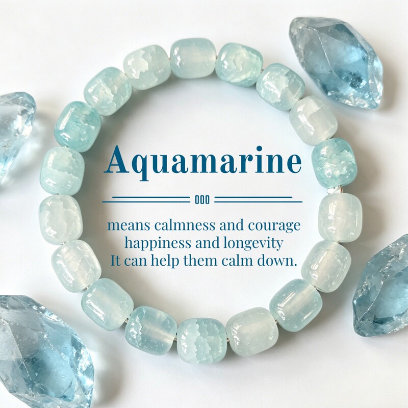 Aquamarine Calming Mood Healing Bracelet with Ice Pattern Light Blue Barrel Beads, Soothes Restlessness, Enhances Courage and Gentleness