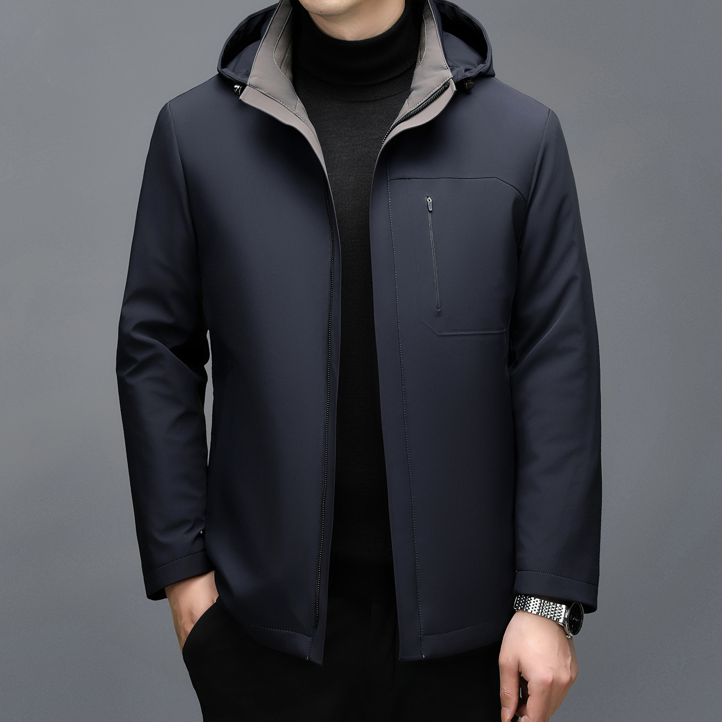 高档茄克男士外套冬季商务休闲连帽加厚保暖可脱卸内胆夹克男上衣