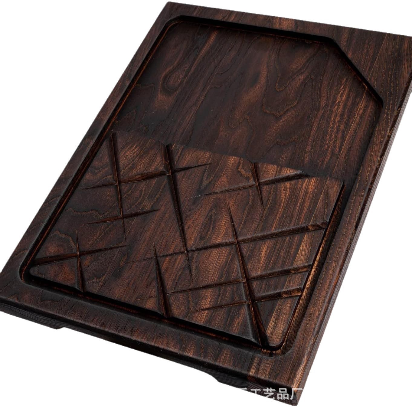 跨境木质牛排托盘实木长方形西餐牛排托盘炭烧带凹槽烤肉木托盘
