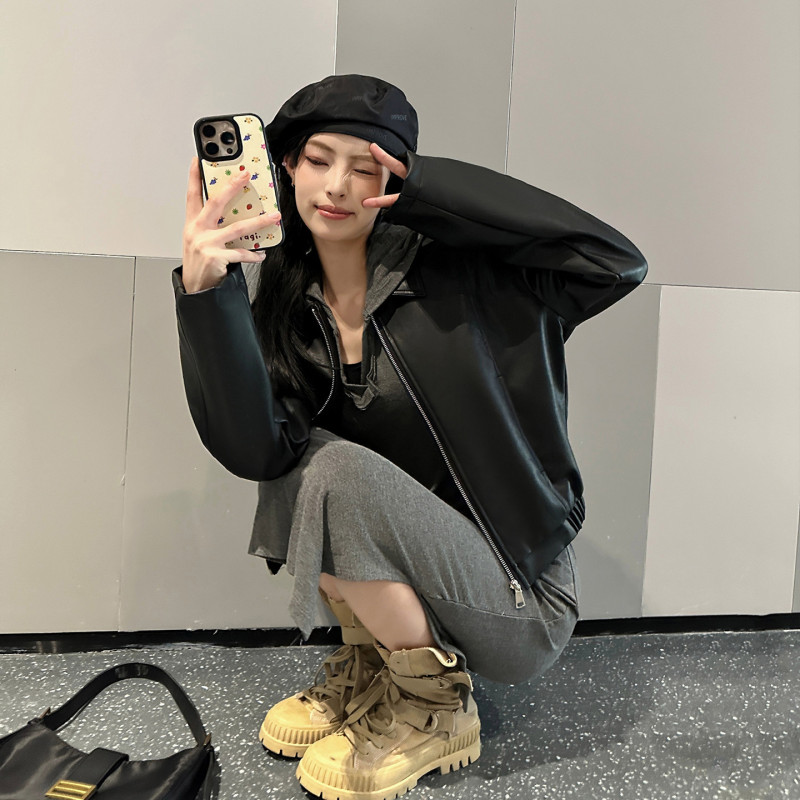 美式复古翻领皮衣外套女春秋学院风小个子pu皮夹克多色机车服上衣|undefined