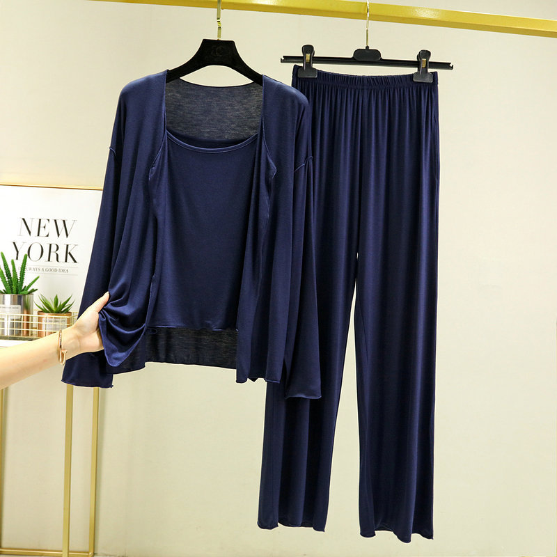 Primavera y verano pijamas rojos en línea pantalones modales de manga larga de tres piezas para mujer ropa para el hogar al aire libre casual se puede usar traje exterior