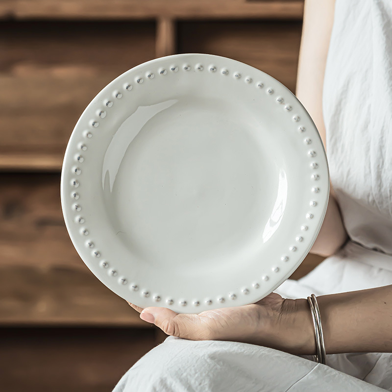 De alto valor, luz, lujo, cuentas en relieve, cerámica, platos poco profundos, platos occidentales, platos de postre, platos de todo fósforo, platos de desayuno al por mayor