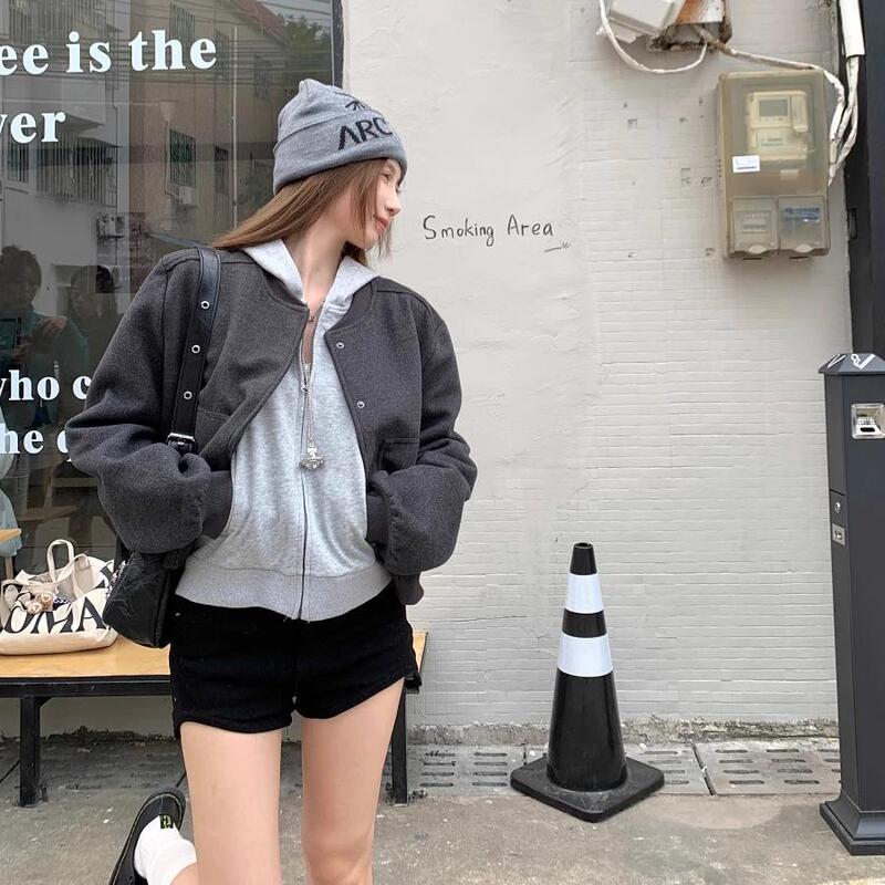 初秋外套女高级感灰色毛呢拉链棒球服气质短款夹克宽松休闲上衣潮|undefined