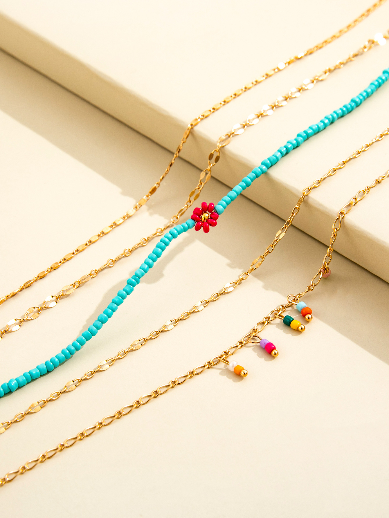 Europe And America Cross Border New Fashion Simple Color Bead Little Red Flower Trend Chain Anklet Foot Ornaments Five-piece Set display picture 4