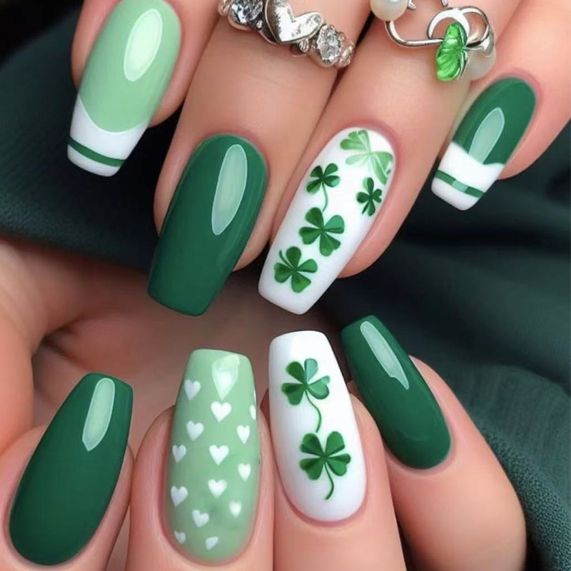 Green Color Dance French Medium Ballet Saint Patrick Lucky Grass Design Nail Art Nail Piece Foreign Trade Fake Nail Green Color Dance French Medium Ballet Saint Patrick Lucky Grass Design Nail Art Nail Piece Foreign Trade Fake Nail