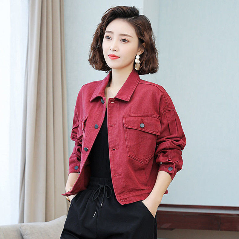Burgundy Short Denim Jacket for Women 2022 Spring Women's Trendy Korean Style Loose Bf Casual Red Work Top